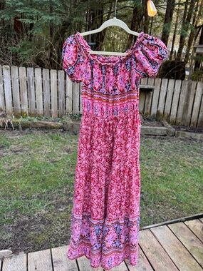 Women's Pink Bohemian Maxi Dress with Puff Sleeves